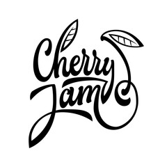 Cherry jam - hand deawn script style lettering logo with fluorishes berry icon. Jam jar design element for label, home made jam stickers, cafe season sweets.