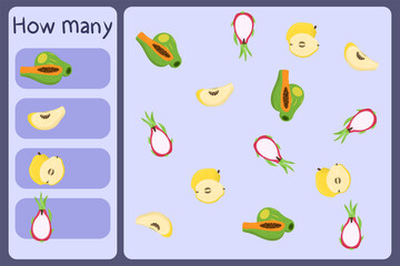 Kids mathematical mini game - count how many fruits - papaya, dragon fruit, quince. Educational games for children. Cartoon design template on colorful backdrop. Vector graphic.