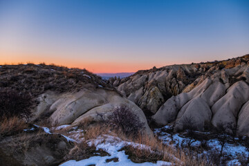 Cappadocia, Anatolia, Turkey. Open air museum, Goreme national park at sunset time. February 2021