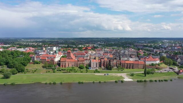 Grudziadz, Poland. Aerial view of historic old town from Vistula river
