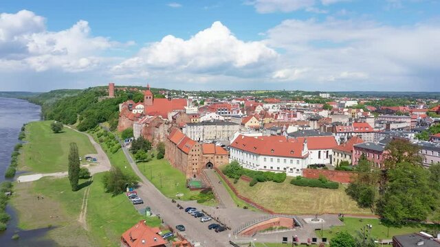 Grudziadz, Poland. Aerial view of historic old town from Vistula river
