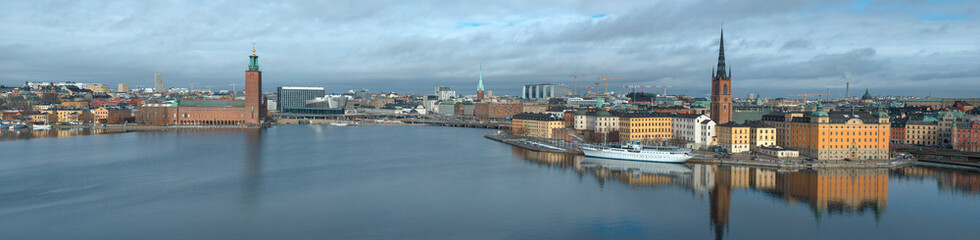 Fototapeta na wymiar Panorama of the central part of modern Stockholm on a March afternoon