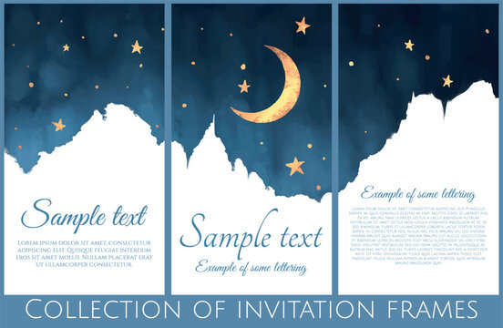 vector backdrop frames with night in watercolor imitation and gold texture on moon and stars, bright blue and gold