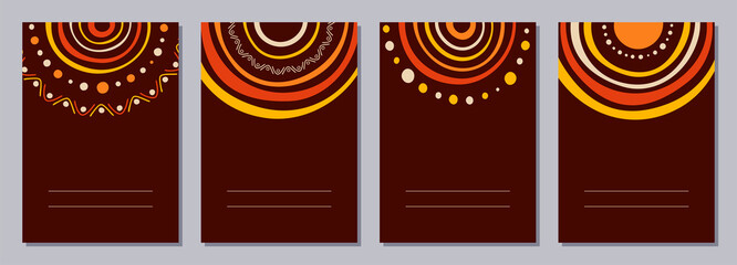 Set of flyers, posters, banners, placards, brochure design templates A6 size with stylized sun, tribal ornaments of red, yellow, brown, beige colors. Card templates. Australian, Aboriginal art. - obrazy, fototapety, plakaty