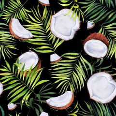 Watercolor fruits pattern on black. Coconut and leaves handdrawn tropical elements. Colorfull bright summer seamless background for textile, wallpapers, print and banners.