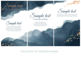 vector collection of  blue stylized invitation with imitation watercolor and gold texture