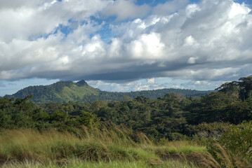 Hills in the central African Rain forest under cloudy sky 