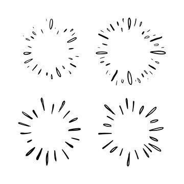 Star Burst Hand Drawn Doodles. Sunburst Graphic Design Set. Handmade Radial Starburst Illustrations.