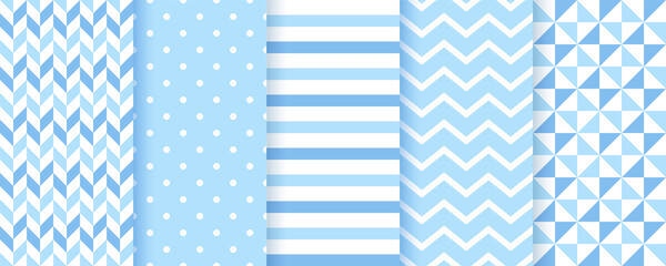 Baby backgrounds. Blue seamless patterns. Baby boy geometric textures. Vector. Set of kids pastel textile prints. Cute childish backdrop with polka dots, zigzag and stripes. Modern illustration. © maradaisy