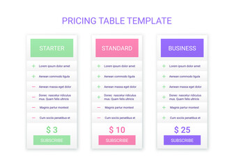 Price table plans. Pricing chart template. Vector. Comparison data grid. Spreadsheet page with 3 columns. Comparative spreadsheets with options. Checklist compare tariff banner. Simple illustration.