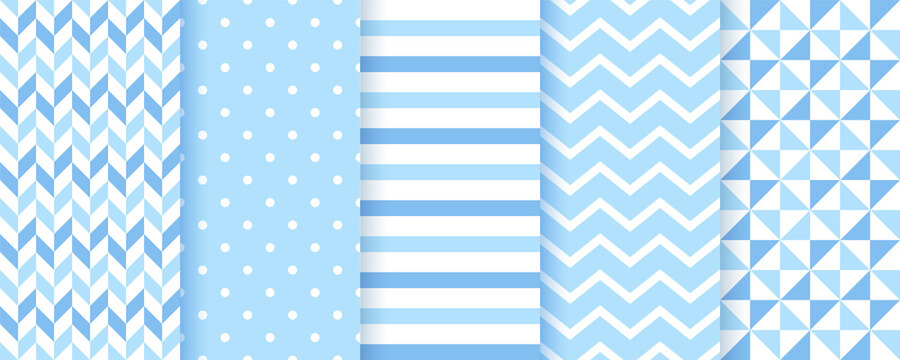 Baby backgrounds. Blue seamless patterns. Baby boy geometric textures. Vector. Set of kids pastel textile prints. Cute childish backdrop with polka dots, zigzag and stripes. Modern illustration.