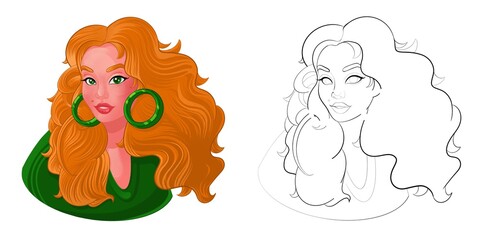 red-haired girl in green earrings and a green sweater for coloring