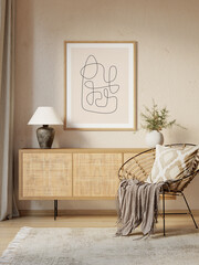 3d interior with wicker sideboard, a round rattan chair with ikat cushion and a wooden frame
