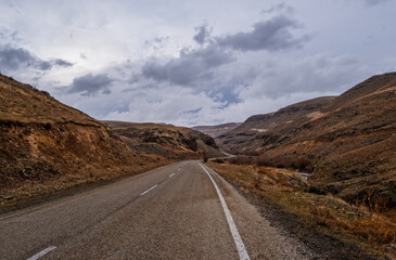 Scenic view of road and rocks of Narman Valley, Erzurum Turkey. January 2021