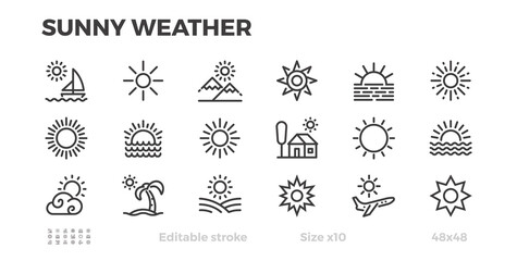 Sunny weather, sun icons. Summer vacation. Sunrise and sunset. Vector pixel perfect icons.