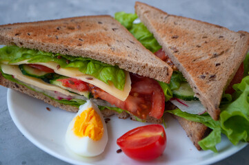 Delicious sandwich with fresh lettuce leaves, tomatoes, cucumbers and cheese on a grey table background.