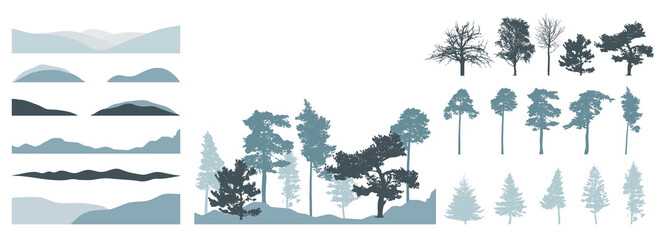 Design elements of trees, set. Silhouette of bare tree, pine, spruce. Creation of beautiful winter landscape, woodland, park or forest. Vector illustration.