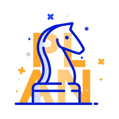 Vector chess line icon with text plan on the background. Business and marketing strategy. Horse as a symbol of tactics and leadership. Perfect for presentations, web, print and infographics. 