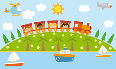 Children travel in the train. Nature background with sun, boats, airplane, helicopter and trees. Childish illustration.