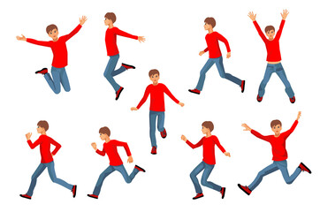 Nine isolated vector figures of a teenager boy running. jumping, dancing, raising hands