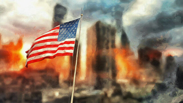 Flag of America against the backdrop of the apocalyptic city. Artistic work