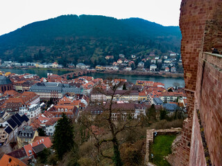 Fototapeta na wymiar View of Heidelberg Castle in Germany, a symbol of German Romanticism with its famous ruins, which tell the story of wars and a wedding that marked the history of Europe. 