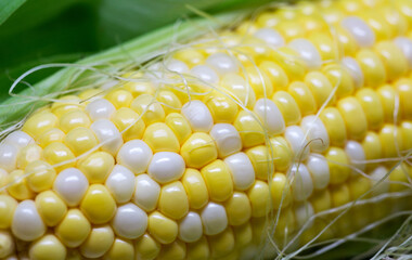 bicolor sweet corn on the cob showing silk and green leaves