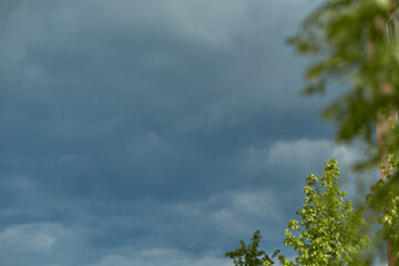 Blue cloudy sky background. Natural texture after rain sky. Summer background concept. Selective focus.