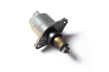 Detail of a car called idle speed control valve in soot and after long-term use. Faulty car detail before repair and recovery.