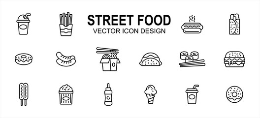 Street food culinary related vector icon user interface graphic design. Contains such icons as drink, beverage, fries, hot dog, taco, kebab, donuts, sausage, noodle, sushi, burger, ice cream, soda