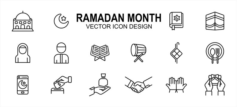 Islam Ramadan month theme related vector icon user interface graphic design. Contains such icons as mosque, moon, star, holy quran, mecca, ka'bah, fasting, drum, giving, pray, prayer, handshake