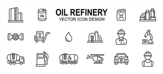 Oil drilling refinery industry related vector icon user interface graphic design. Contains such icons as rig, tower, drill, driller, oil, tank, distillery, pump, truck, pipe, spurt, squirt, valve,