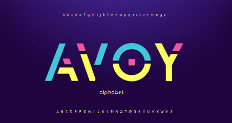 Modern bright colorful font, alphabet letters and numbers