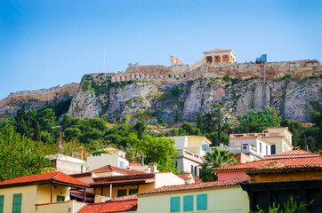 Beautiful street  in Plaka District and Acropolis, Athens, Greece.