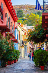 Fototapeta na wymiar Beautiful street in Plaka District, Athens, Greece.