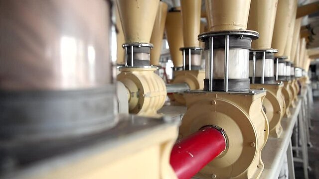 Modern electrical mill machinery for production of wheat flour. Equipment Factory Grain.