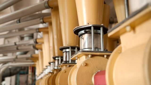 Modern electrical mill machinery for production of wheat flour. Equipment Factory Grain.