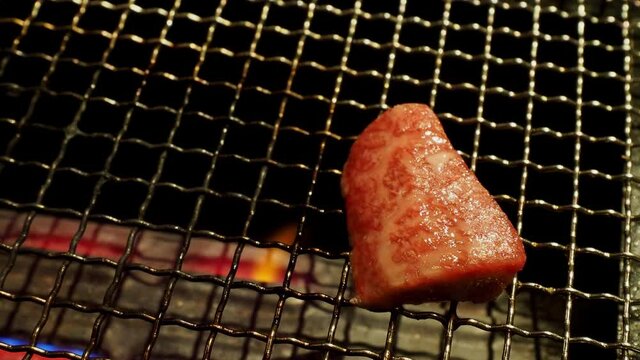 Close up shot of Japanese style BBQ Wagyu beef steak