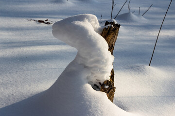 A crooked snowdrift of snow stuck to a stump from a tree
