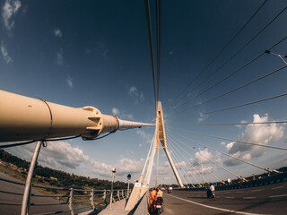 Signature Bridge is a cantilever spar cable-stayed bridge which spans the Yamuna river at Wazirabad section, connecting Wazirabad to East Delhi.