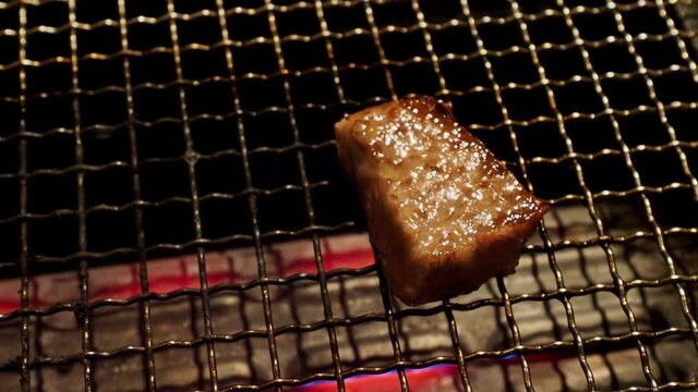 Close up shot of Japanese style BBQ Wagyu beef steak