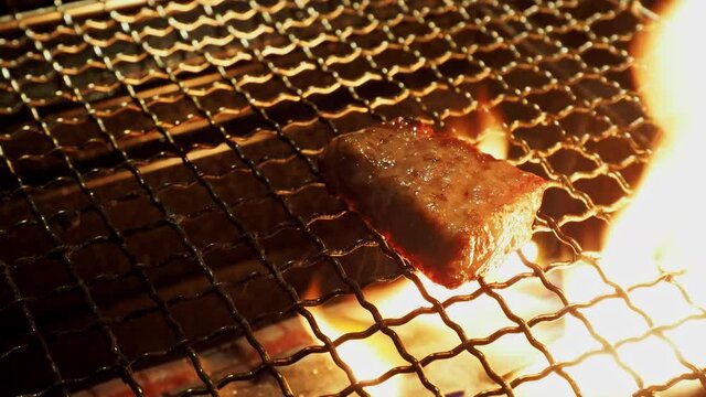 Close up shot of Japanese style BBQ Wagyu beef steak