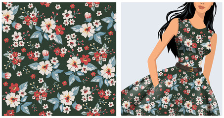 Fototapeta premium Seamless vector vintage floral pattern for gift wrap, fabric, cover and interior design with flowers. And example of usage with mock up pattern 