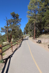 Woman Riding on the Big Bear Lake, California, Pedal Bike Path with a Wooden Fence on the Left Frame
