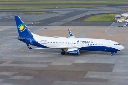 RwandAir Boeing 737 plane at Johannesburg airport. Boeing 737-800 registered as 9XR-WQ operating flights from Rwand Air.