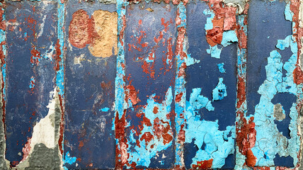 old cracked multi-colored oil paint on the wall of the house. The texture of the peeling paint in red, blue and gray colors