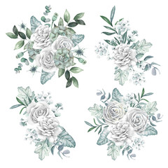 Watercolor set of bouquets with white flowers and tropical leaves on a white background.