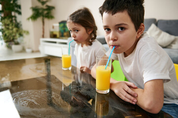 Adorable children, brother and sister drinking vitamin juice