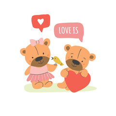 Happy cute teddy bear girl and boy couple in summer clothes with yellow bird, hearts, emoji and love is sign isolated on pink background illustration vector. Perfect for t shirt design for kids