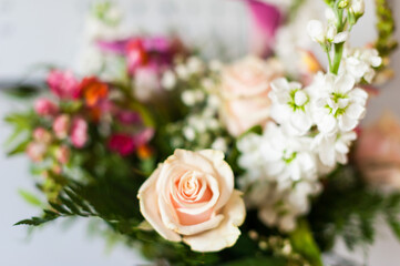 Obraz na płótnie Canvas Brides flower bouquet. Wedding flowers bridal bouquet closeup decoration. bouquet for mother's day or women's day. Interior design